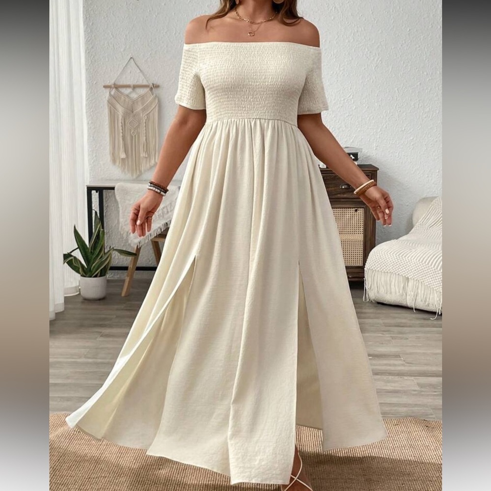 Elegant Shirred Off The Shoulder Cream Maxi Dress